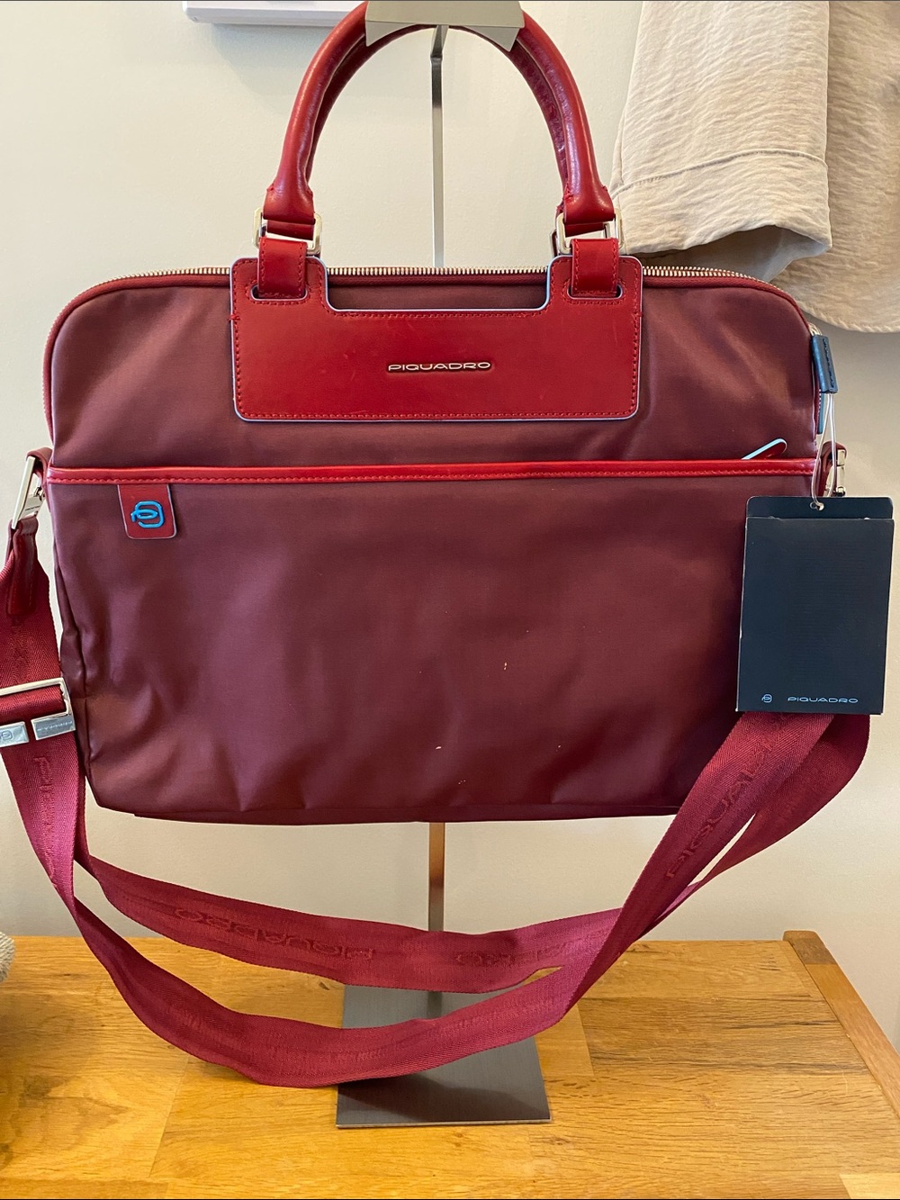 Piquadro Burgundy Nylon & Leather Tech Briefcase / Messenger Bag